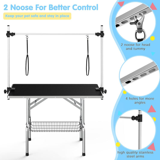 Lyromix 36''Large Stainless Steel Dog Grooming Table, Adjustable Cat Drying Desktop with Arms, Nooses, Mesh Tray, Foldable Pet Station at Home, Maximum Capacity Up to 330Lb, 36inch, Black