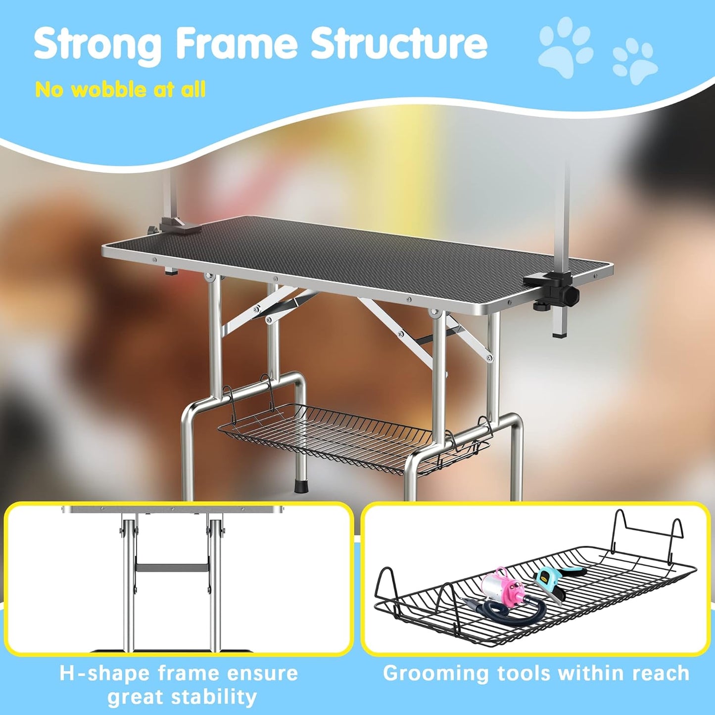 Lyromix 36''Large Stainless Steel Dog Grooming Table, Adjustable Cat Drying Desktop with Arms, Nooses, Mesh Tray, Foldable Pet Station at Home, Maximum Capacity Up to 330Lb, 36inch, Black