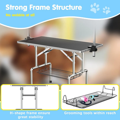 Lyromix 36''Large Stainless Steel Dog Grooming Table, Adjustable Cat Drying Desktop with Arms, Nooses, Mesh Tray, Foldable Pet Station at Home, Maximum Capacity Up to 330Lb, 36inch, Black