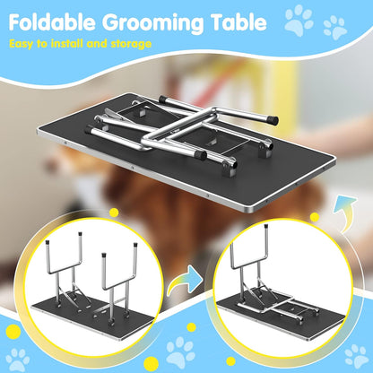 Lyromix 36''Large Stainless Steel Dog Grooming Table, Adjustable Cat Drying Desktop with Arms, Nooses, Mesh Tray, Foldable Pet Station at Home, Maximum Capacity Up to 330Lb, 36inch, Black
