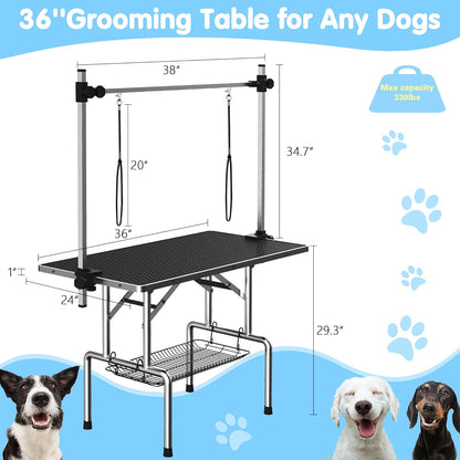 Lyromix 36''Large Stainless Steel Dog Grooming Table, Adjustable Cat Drying Desktop with Arms, Nooses, Mesh Tray, Foldable Pet Station at Home, Maximum Capacity Up to 330Lb, 36inch, Black
