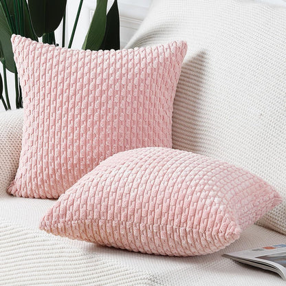 Pack of 2 Corduroy Decorative Throw Pillow Covers 16x16 Inch Light Pink Soft Boho Striped Couch Throw Pillows for Bed Pillowcases for Sofa Livingroom Home Decor
