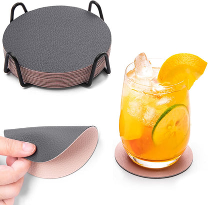 Faux Leather Drink Coasters with Holder, Dual Sided Sets of 12