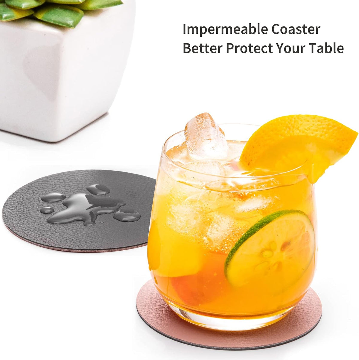 Faux Leather Drink Coasters with Holder, Dual Sided Sets of 12