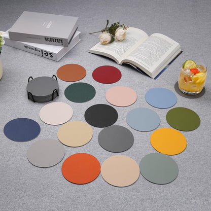 Faux Leather Drink Coasters with Holder, Dual Sided Sets of 12