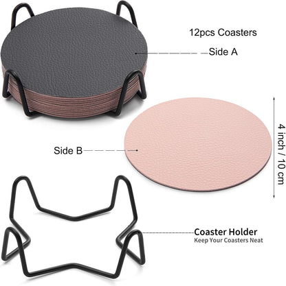 Faux Leather Drink Coasters with Holder, Dual Sided Sets of 12