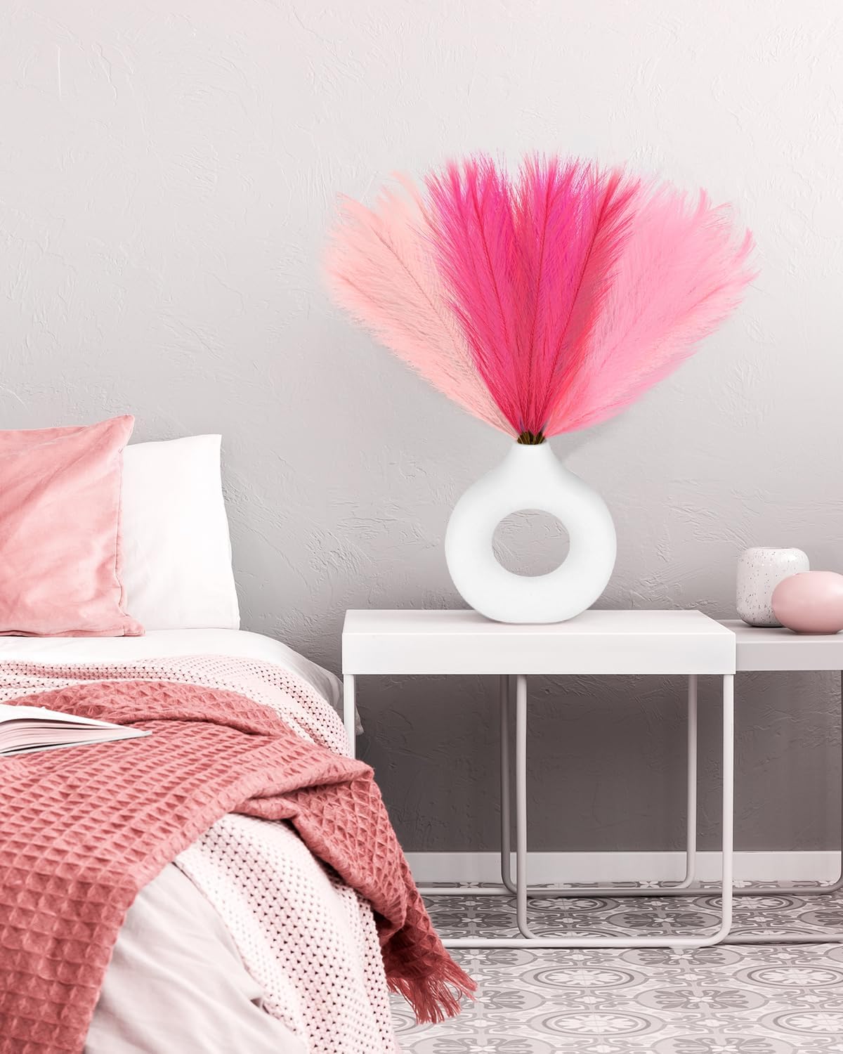 48pcs Pink Faux Pampas Grass Decor, 21.7inch Hot Pink Short Artificial Pompous Grass Fluffy Fake Pompas Grass Branches Vase Filler Flower Arrangement for Outdoors Wedding Centerpieces Decor