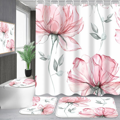 4 Pcs Pink Flowers Shower Curtain Set Floral Leaves Bathroom Set with Shower Curtain and Rugs, Pink White Minimalist Bath Curtain with Hooks for Modern Home Decor