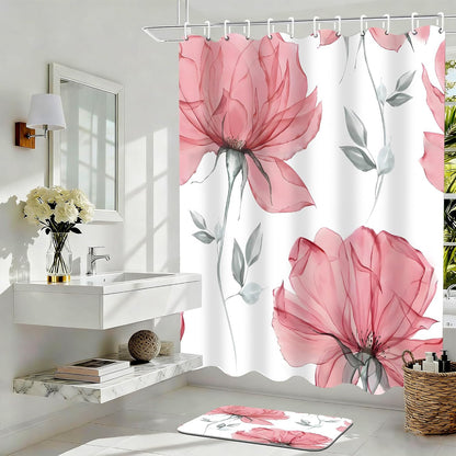 4 Pcs Pink Flowers Shower Curtain Set Floral Leaves Bathroom Set with Shower Curtain and Rugs, Pink White Minimalist Bath Curtain with Hooks for Modern Home Decor