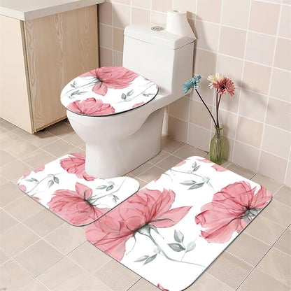 4 Pcs Pink Flowers Shower Curtain Set Floral Leaves Bathroom Set with Shower Curtain and Rugs, Pink White Minimalist Bath Curtain with Hooks for Modern Home Decor