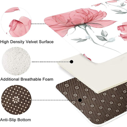 4 Pcs Pink Flowers Shower Curtain Set Floral Leaves Bathroom Set with Shower Curtain and Rugs, Pink White Minimalist Bath Curtain with Hooks for Modern Home Decor
