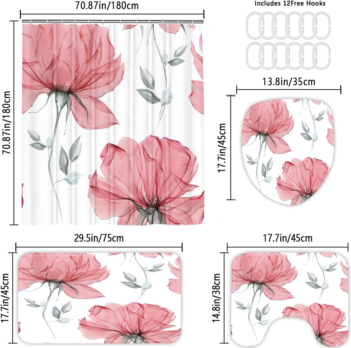 4 Pcs Pink Flowers Shower Curtain Set Floral Leaves Bathroom Set with Shower Curtain and Rugs, Pink White Minimalist Bath Curtain with Hooks for Modern Home Decor