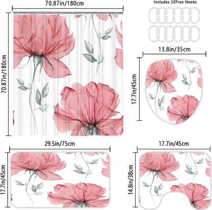 4 Pcs Pink Flowers Shower Curtain Set Floral Leaves Bathroom Set with Shower Curtain and Rugs, Pink White Minimalist Bath Curtain with Hooks for Modern Home Decor