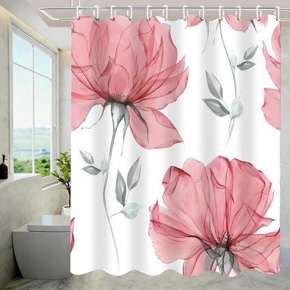 4 Pcs Pink Flowers Shower Curtain Set Floral Leaves Bathroom Set with Shower Curtain and Rugs, Pink White Minimalist Bath Curtain with Hooks for Modern Home Decor
