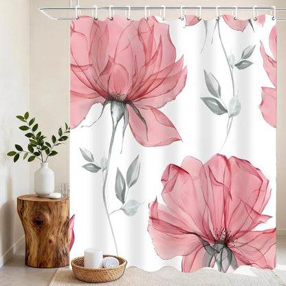 4 Pcs Pink Flowers Shower Curtain Set Floral Leaves Bathroom Set with Shower Curtain and Rugs, Pink White Minimalist Bath Curtain with Hooks for Modern Home Decor