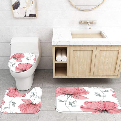 4 Pcs Pink Flowers Shower Curtain Set Floral Leaves Bathroom Set with Shower Curtain and Rugs, Pink White Minimalist Bath Curtain with Hooks for Modern Home Decor