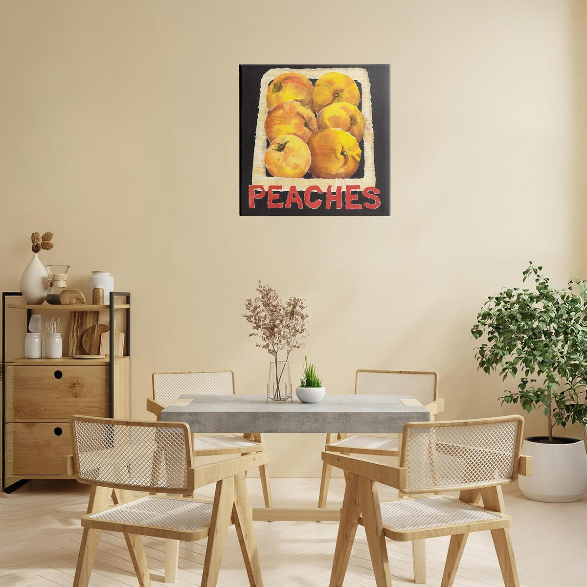 Collaged Garden Peaches Fruit Still Life, 17 x 17 Inch Canvas Wall Art