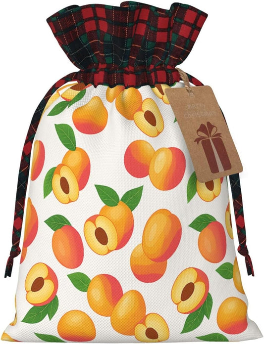 Fresh Peach Fruit Christmas Color Blocked Drawstring Linen Bun Gift Bags