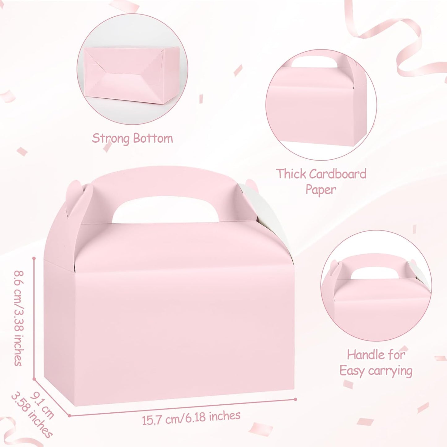 DjinnGlory 36 Pack Pink Party Favor Treat Boxes with Handle for Baby Shower, Birthday, Bridal Shower, Wedding All Occasion, Small Gable Boxes for Small Business 6.18 x 3.58 x 3.38 Inches