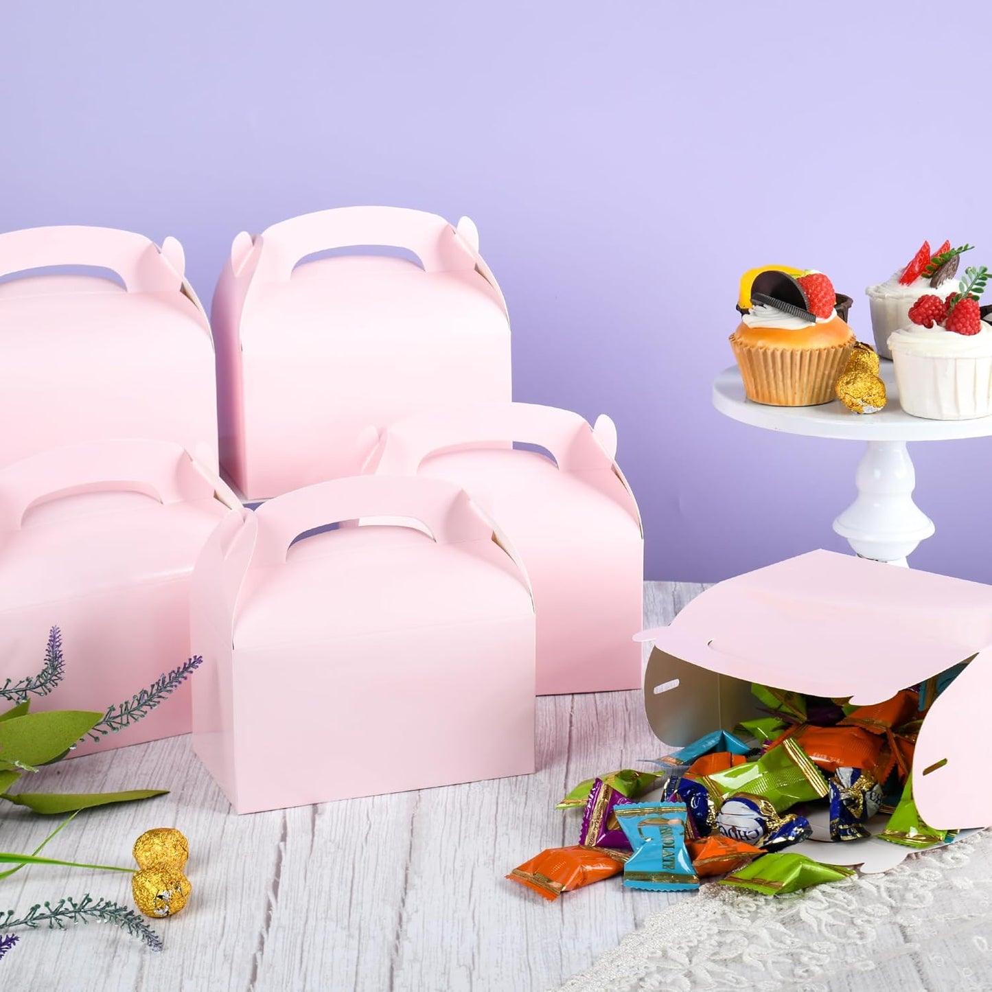 DjinnGlory 36 Pack Pink Party Favor Treat Boxes with Handle for Baby Shower, Birthday, Bridal Shower, Wedding All Occasion, Small Gable Boxes for Small Business 6.18 x 3.58 x 3.38 Inches
