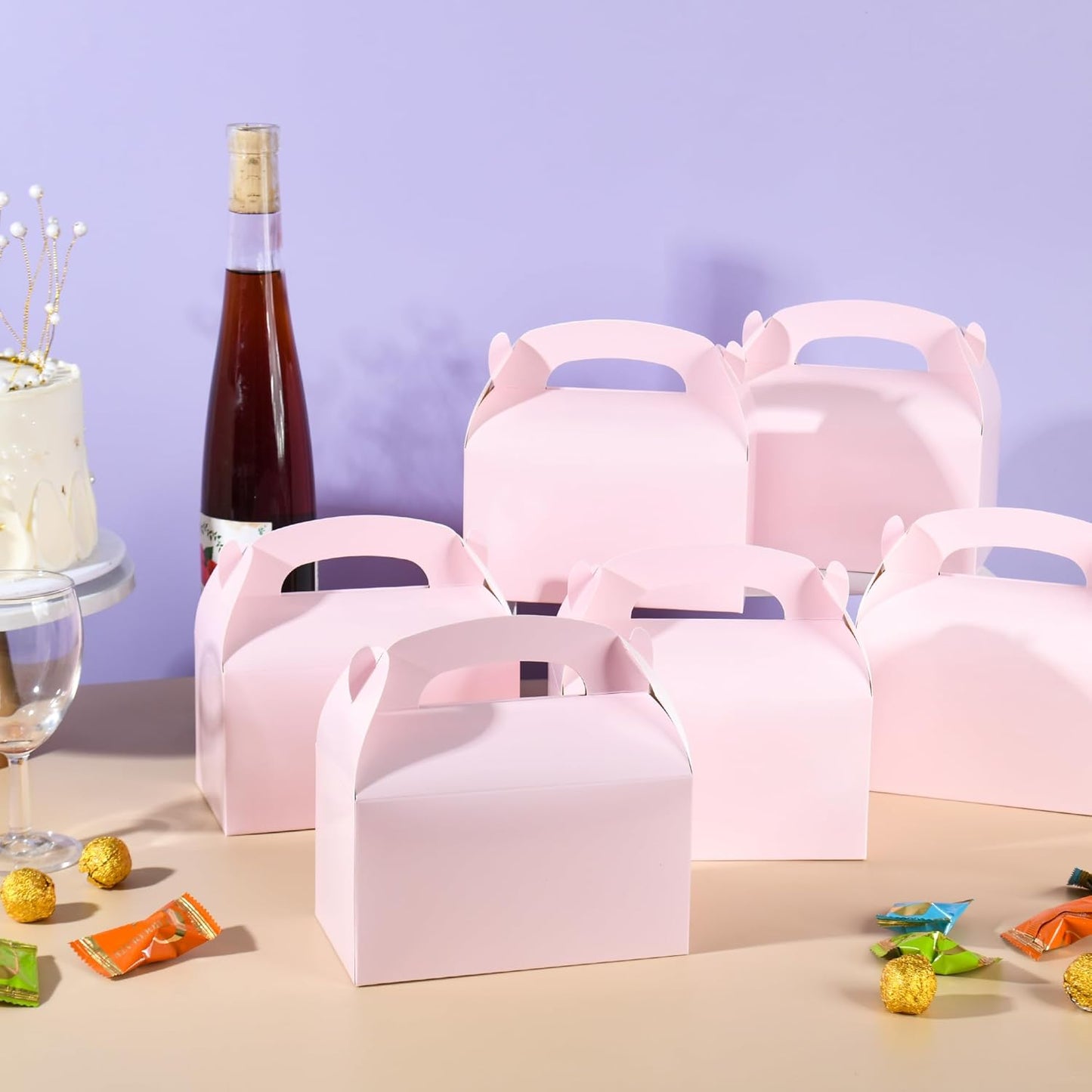DjinnGlory 36 Pack Pink Party Favor Treat Boxes with Handle for Baby Shower, Birthday, Bridal Shower, Wedding All Occasion, Small Gable Boxes for Small Business 6.18 x 3.58 x 3.38 Inches