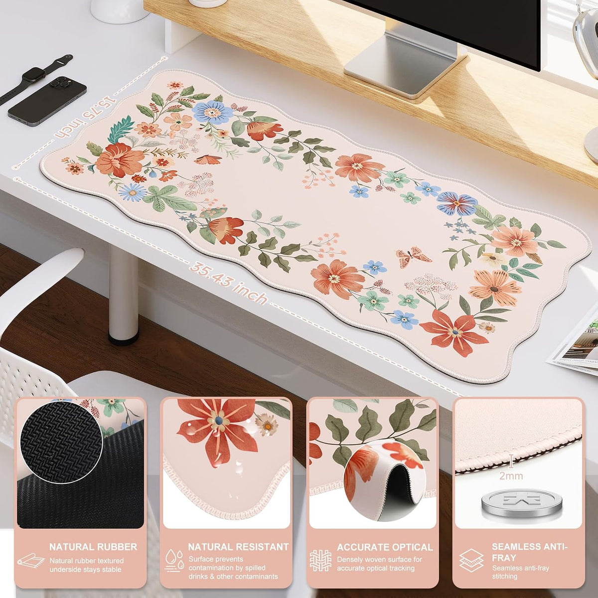 Desk Mat, Scalloped Desk Matt for Desktop, Cute Desk Pad Mat, XXL Large Mouse Pad, Anti-Slip Big Mousepad with Stitched Edges, Keyboard Pad Mouse Mat for Computer(Light Pink)