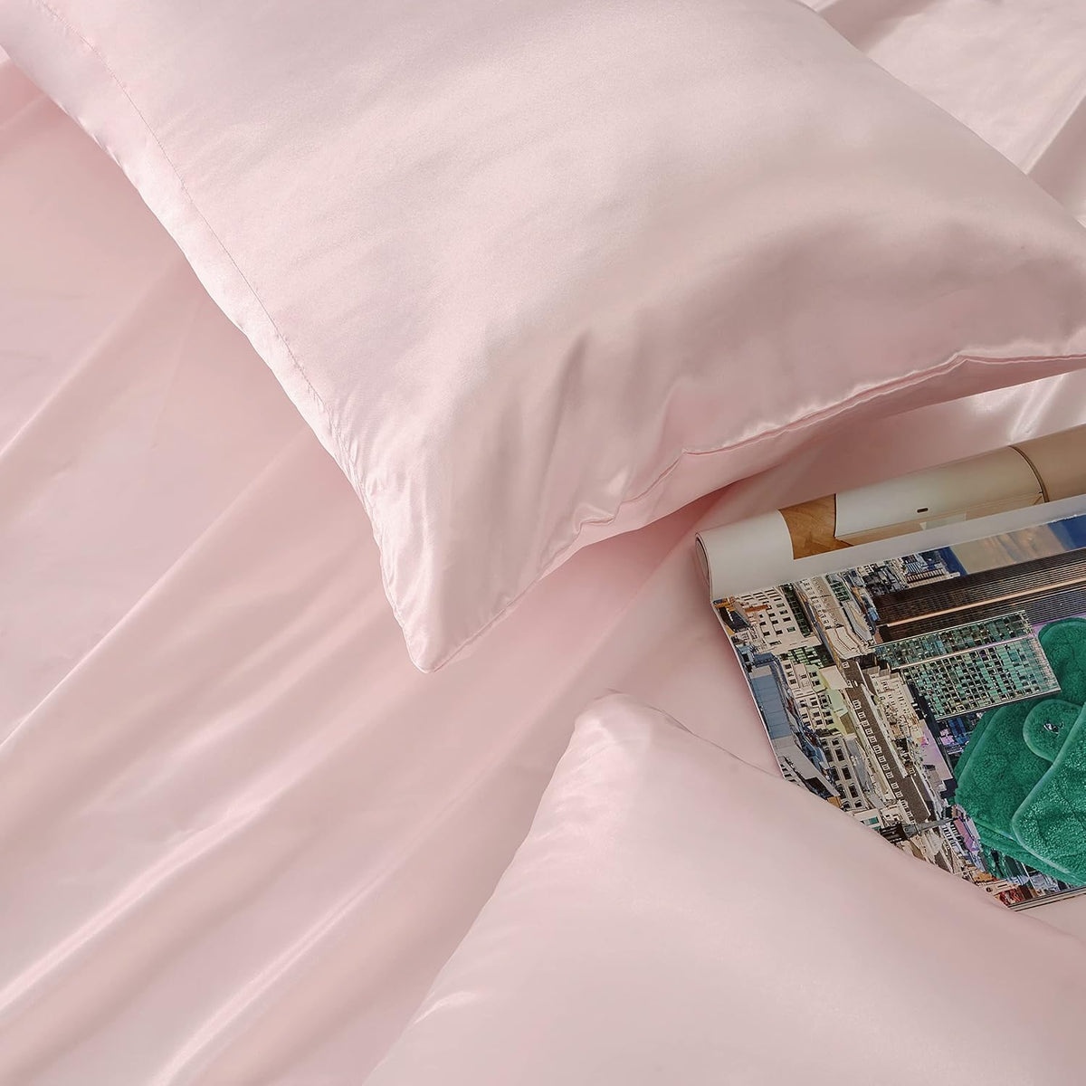 Blush Pink Satin Pillowcase Standard Set of 2 with Envelope Closure，Blush Pink Silk Pillowcase for Hair and Skin (20x26)