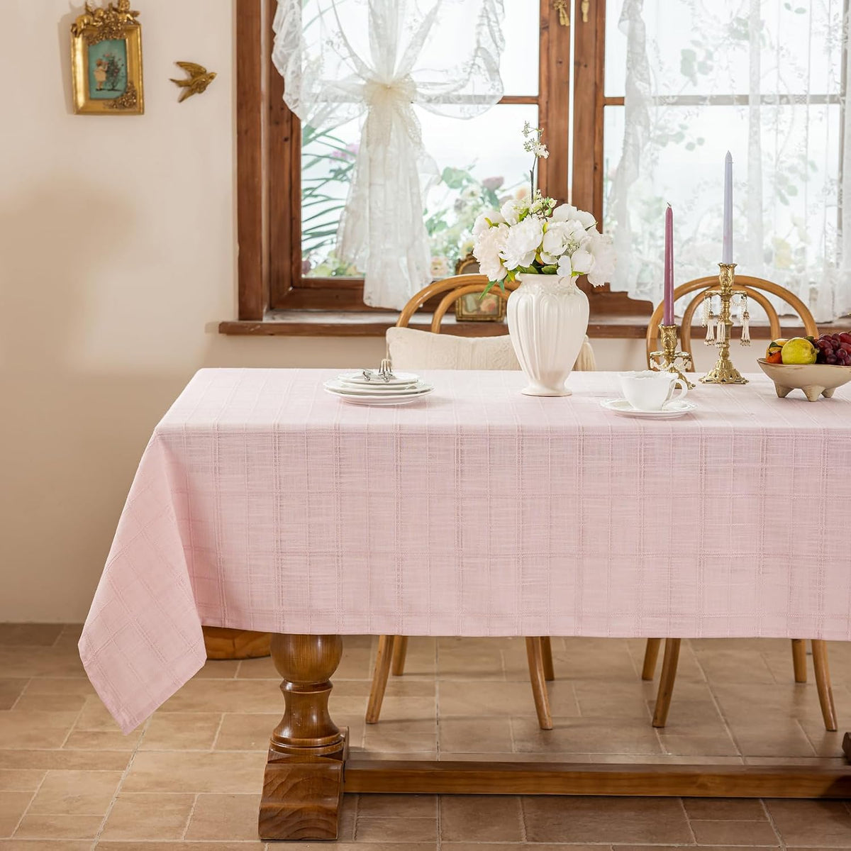 Light Pink Embroidered Grid Tablecloth, Wrinkle Resistant, 52"x70"