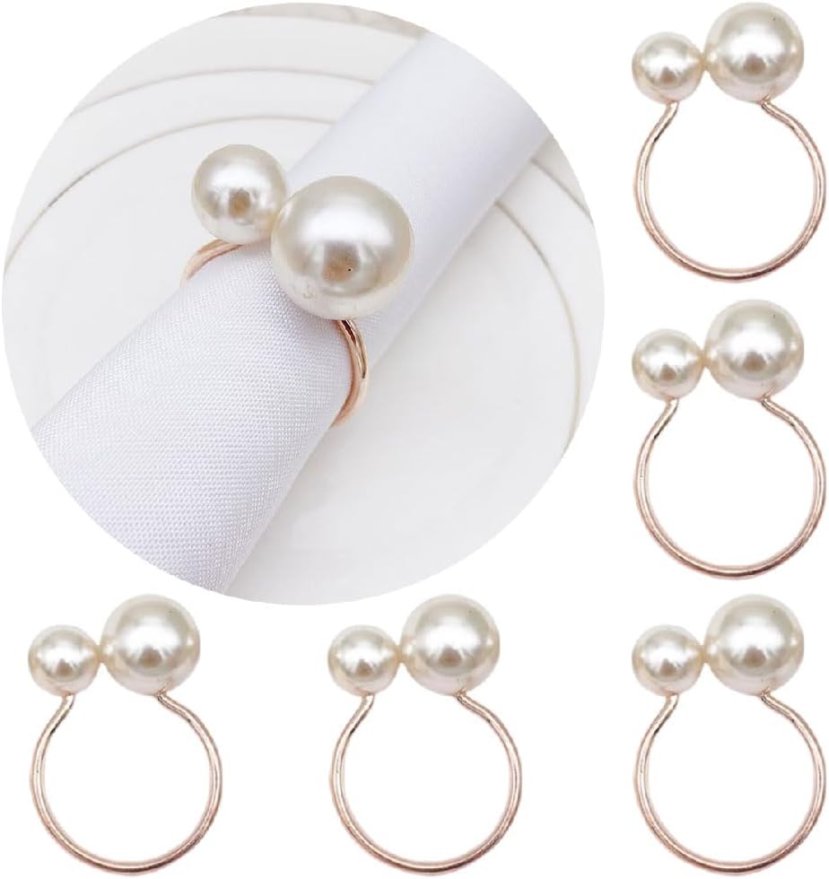 Pearl Napkin Rings Set of 6, Napkin Holder Dinning Table Setting Rustic Dinner Tables Decoration for Wedding Receptions, Valentines Day Party Dinner Parties (Round-Rose Gold)