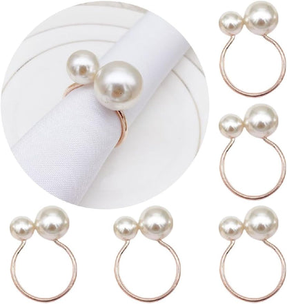 Pearl Napkin Rings Set of 6, Napkin Holder Dinning Table Setting Rustic Dinner Tables Decoration for Wedding Receptions, Valentines Day Party Dinner Parties (Round-Rose Gold)