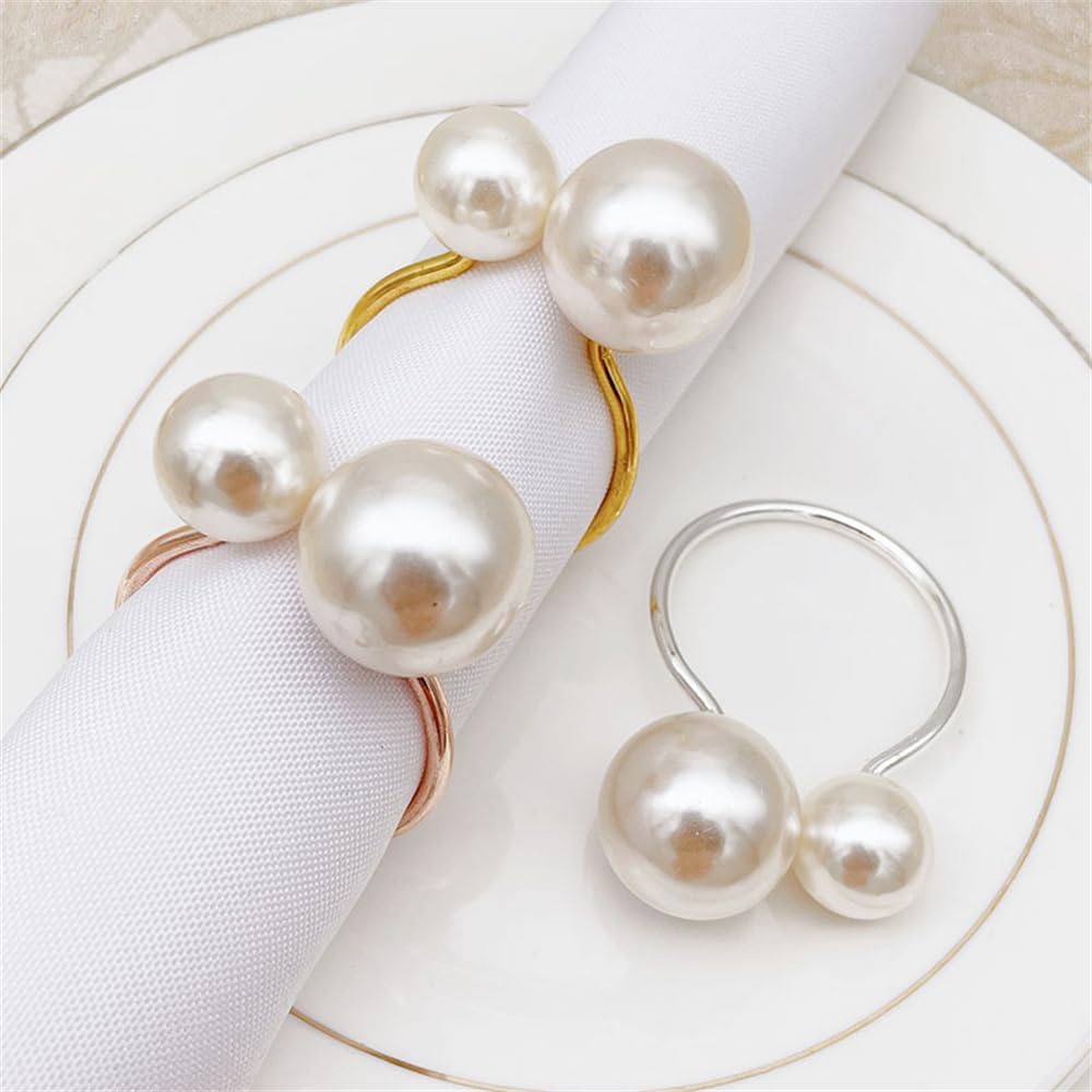Pearl Napkin Rings Set of 6, Napkin Holder Dinning Table Setting Rustic Dinner Tables Decoration for Wedding Receptions, Valentines Day Party Dinner Parties (Round-Rose Gold)
