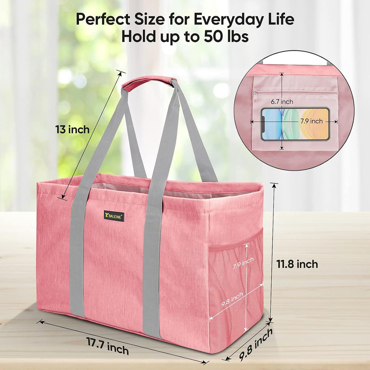 Soft 9 Gallon Extra Large Utility Tote, Foldable Reusable Storage Bag (Peach Pink)