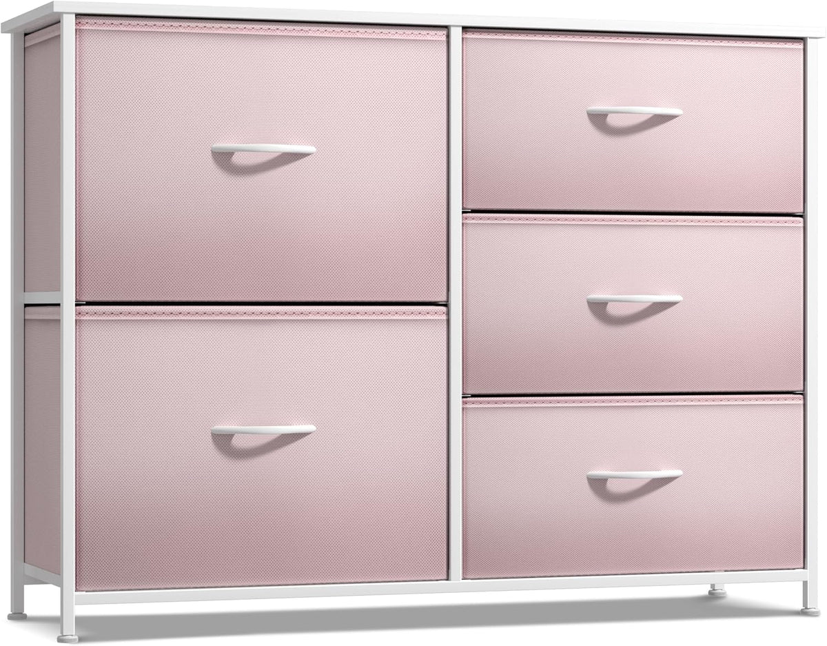 5-Drawer Kids Dresser, Wood Top & Fabric Drawers (Pink)