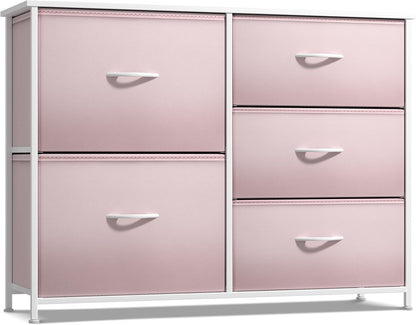 5-Drawer Kids Dresser, Wood Top & Fabric Drawers (Pink)