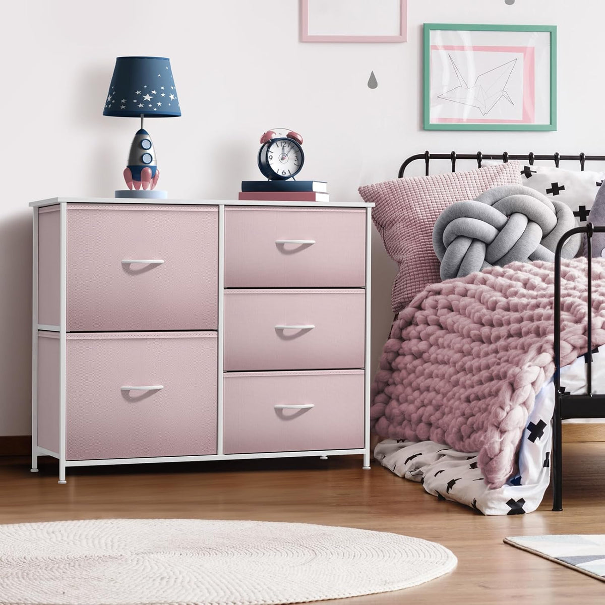 5-Drawer Kids Dresser, Wood Top & Fabric Drawers (Pink)