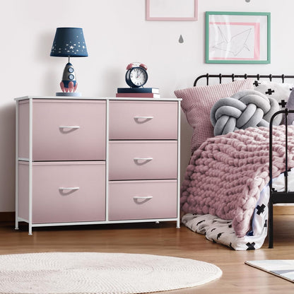 5-Drawer Kids Dresser, Wood Top & Fabric Drawers (Pink)