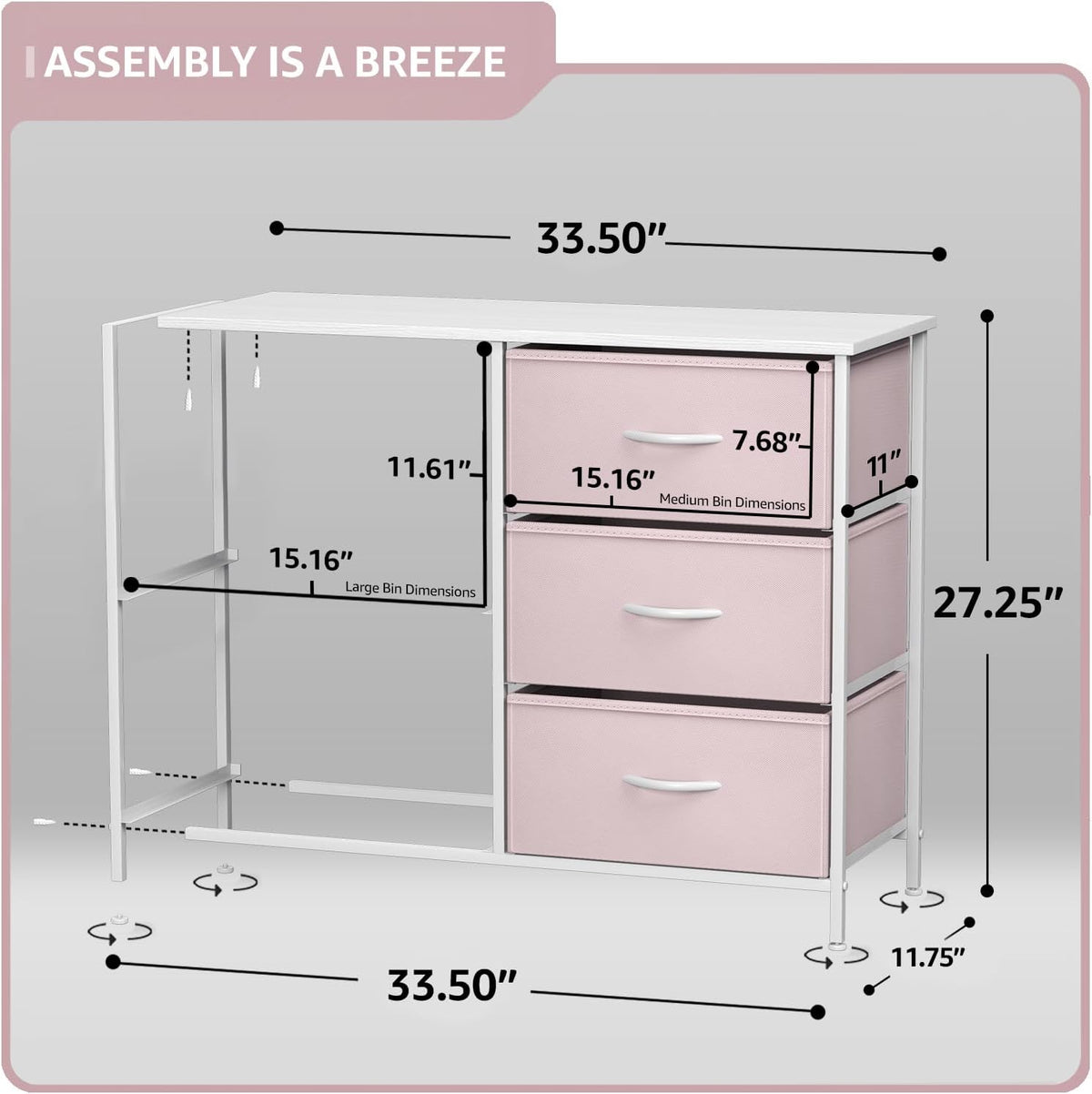 5-Drawer Kids Dresser, Wood Top & Fabric Drawers (Pink)