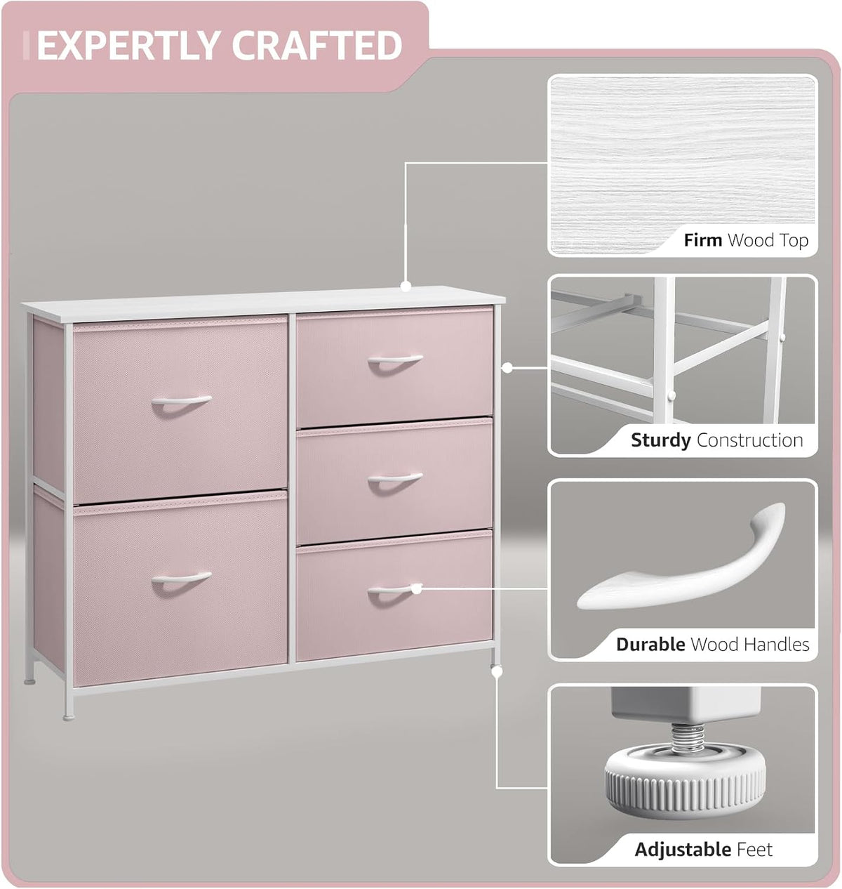 5-Drawer Kids Dresser, Wood Top & Fabric Drawers (Pink)