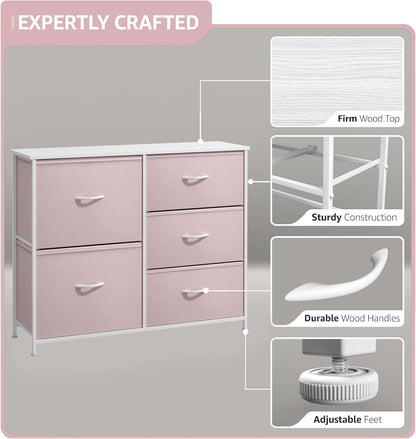 5-Drawer Kids Dresser, Wood Top & Fabric Drawers (Pink)
