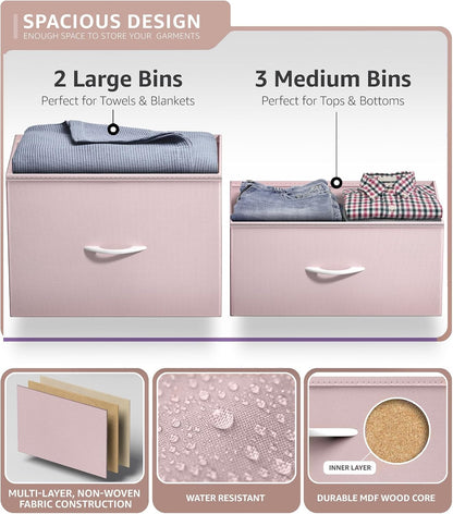 5-Drawer Kids Dresser, Wood Top & Fabric Drawers (Pink)