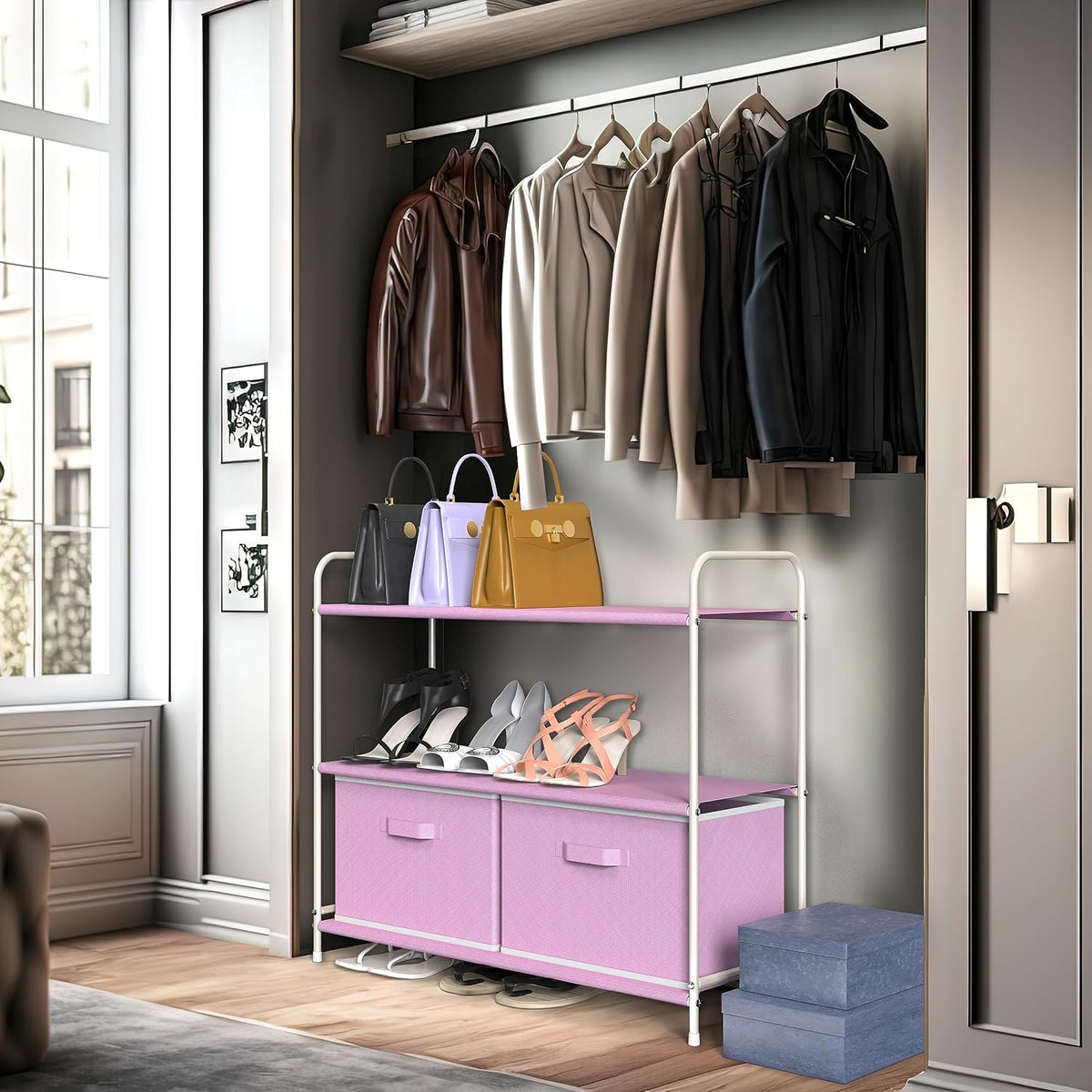 3-Tier Closet Storage with 2 Drawers, Pink