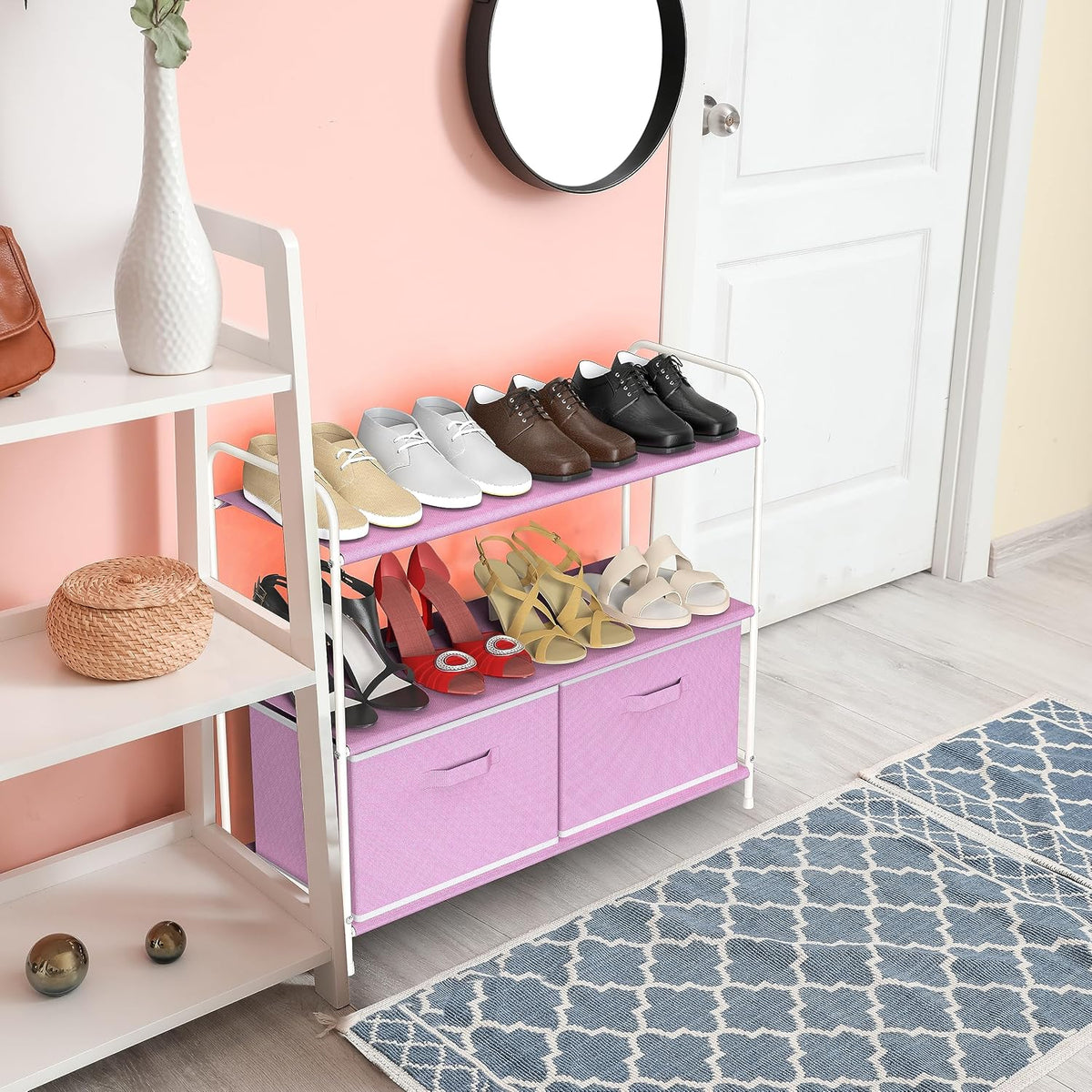 3-Tier Closet Storage with 2 Drawers, Pink