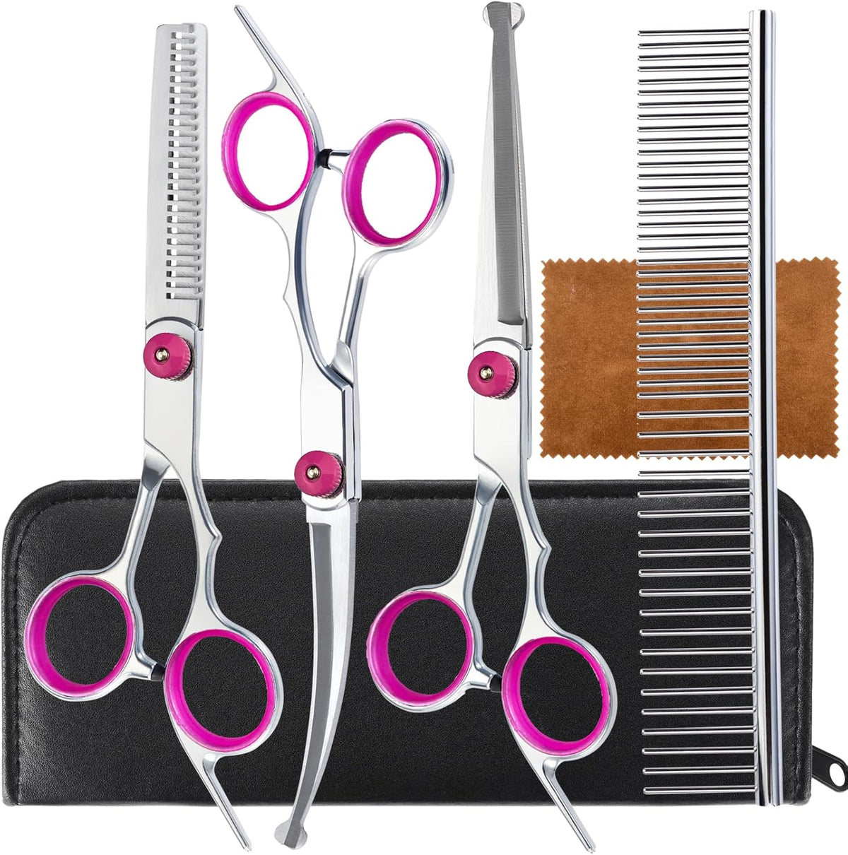 5 in 1 Premium Dog Grooming Scissors, Professional Dog Scissors for Grooming with Safety Round Tips, Stainless Steel Thinning Shears, Pet Cat Shears for Grooming Kit, Pink