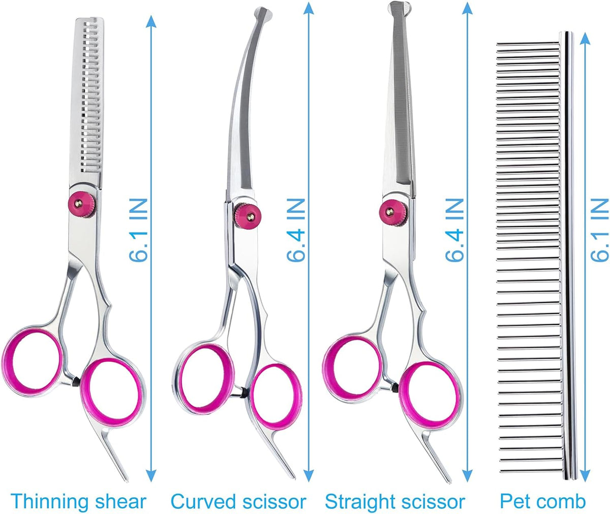 5 in 1 Premium Dog Grooming Scissors, Professional Dog Scissors for Grooming with Safety Round Tips, Stainless Steel Thinning Shears, Pet Cat Shears for Grooming Kit, Pink