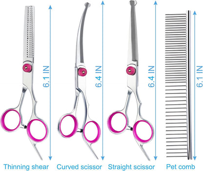 5 in 1 Premium Dog Grooming Scissors, Professional Dog Scissors for Grooming with Safety Round Tips, Stainless Steel Thinning Shears, Pet Cat Shears for Grooming Kit, Pink