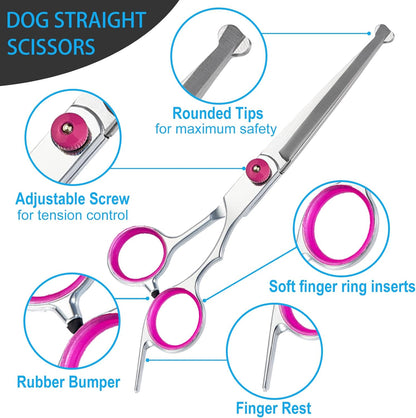 5 in 1 Premium Dog Grooming Scissors, Professional Dog Scissors for Grooming with Safety Round Tips, Stainless Steel Thinning Shears, Pet Cat Shears for Grooming Kit, Pink