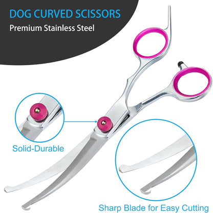 5 in 1 Premium Dog Grooming Scissors, Professional Dog Scissors for Grooming with Safety Round Tips, Stainless Steel Thinning Shears, Pet Cat Shears for Grooming Kit, Pink
