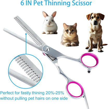 5 in 1 Premium Dog Grooming Scissors, Professional Dog Scissors for Grooming with Safety Round Tips, Stainless Steel Thinning Shears, Pet Cat Shears for Grooming Kit, Pink