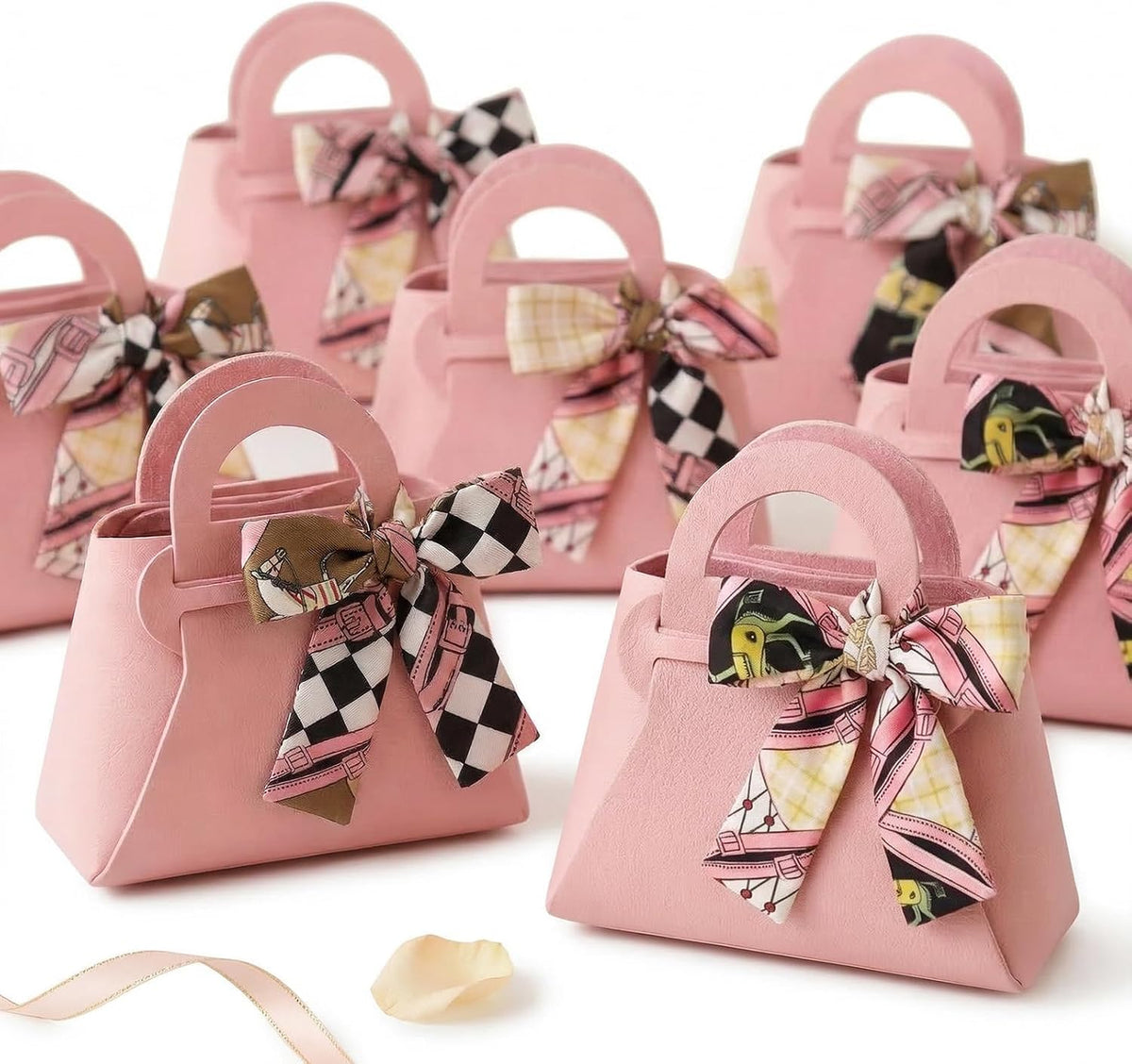 Small Gift Boxes with Bow Handle, Party Favor Boxes, 10 Pack, Pink, PU Leather for Wedding, Baby Shower, Birthday