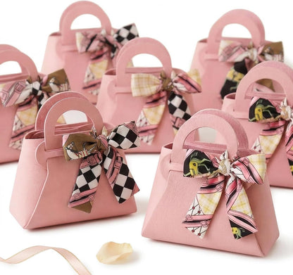 Small Gift Boxes with Bow Handle, Party Favor Boxes, 10 Pack, Pink, PU Leather for Wedding, Baby Shower, Birthday